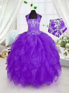 Ball Gowns Little Girl Pageant Dress Purple Halter Top Organza Sleeveless Floor Length Lace Up