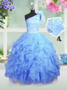 Lovely One Shoulder Baby Blue Sleeveless Organza Lace Up Kids Formal Wear for Party and Wedding Party