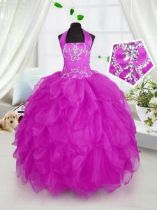 Halter Top Sleeveless Floor Length Appliques and Ruffles Lace Up Little Girls Pageant Dress with Purple