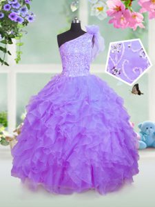 Hot Selling One Shoulder Floor Length Lavender Little Girls Pageant Gowns Organza Sleeveless Beading and Ruffles