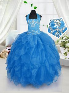 High End Halter Top Appliques and Ruffles Little Girls Pageant Dress Wholesale Baby Blue Lace Up Sleeveless Floor Length