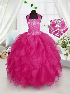 Trendy Fuchsia Ball Gowns Halter Top Sleeveless Organza Floor Length Lace Up Appliques and Ruffles Kids Formal Wear
