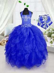 Enchanting Royal Blue Ball Gowns Halter Top Sleeveless Organza Floor Length Lace Up Appliques and Ruffles Child Pageant Dress
