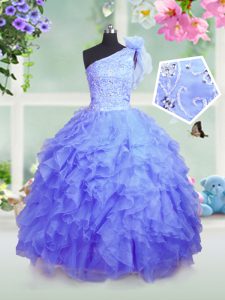 Admirable One Shoulder Sleeveless Lace Up Floor Length Beading and Ruffles Child Pageant Dress