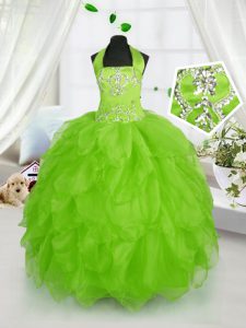 New Style Halter Top Ball Gowns Beading and Ruffles Child Pageant Dress Lace Up Organza Sleeveless Floor Length