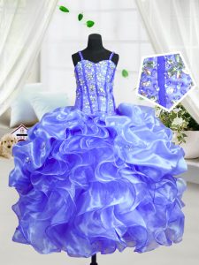Popular Ball Gowns Girls Pageant Dresses Baby Blue Spaghetti Straps Organza Sleeveless Floor Length Lace Up