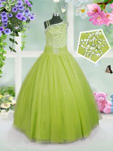 Apple Green Ball Gowns Asymmetric Sleeveless Tulle Floor Length Side Zipper Beading Kids Pageant Dress