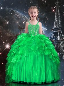 Fancy Apple Green Ball Gowns Beading and Ruffles Little Girl Pageant Dress Lace Up Organza Sleeveless Floor Length