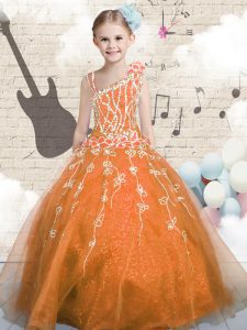 Superior Asymmetric Sleeveless Lace Up Little Girl Pageant Dress Orange Tulle