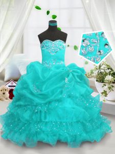 Dramatic Sweetheart Sleeveless Little Girls Pageant Dress Wholesale Floor Length Beading and Ruffled Layers and Pick Ups Aqua Blue Organza