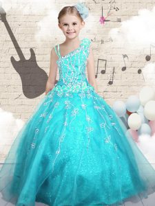 Latest Aqua Blue Tulle Lace Up Little Girls Pageant Gowns Sleeveless Floor Length Appliques