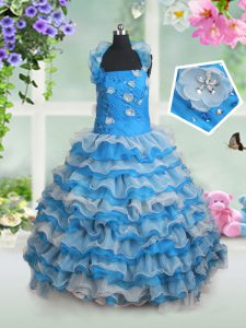 Baby Blue Kids Pageant Dress Party and Wedding Party with Beading and Appliques and Ruffled Layers Straps Sleeveless Lace Up