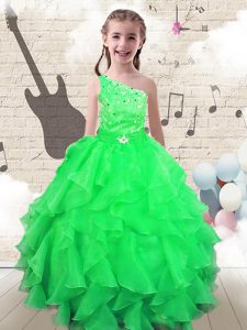 Apple Green Ball Gowns One Shoulder Sleeveless Organza Floor Length Lace Up Beading and Ruffles Little Girl Pageant Gowns