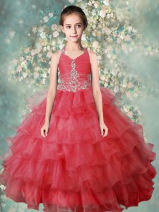 Watermelon Red Organza Zipper Halter Top Sleeveless Floor Length Little Girls Pageant Dress Wholesale Beading and Ruffled Layers