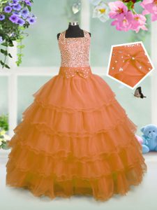 Amazing Sleeveless Organza Floor Length Zipper Little Girls Pageant Gowns in Orange with Beading and Ruffled Layers and Bowknot
