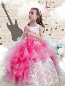 Hot Pink Lace Up Scoop Beading and Ruffles Pageant Gowns For Girls Organza Sleeveless