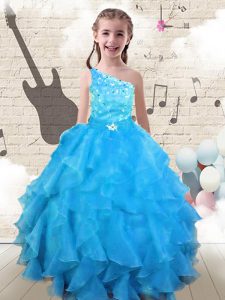 Organza One Shoulder Sleeveless Lace Up Beading and Ruffles Little Girl Pageant Gowns in Aqua Blue