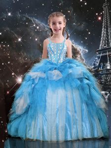 Baby Blue Organza Lace Up Pageant Gowns For Girls Sleeveless Floor Length Beading and Ruffles