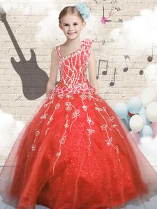Floor Length Lace Up Pageant Gowns For Girls Orange Red for Party and Wedding Party with Appliques