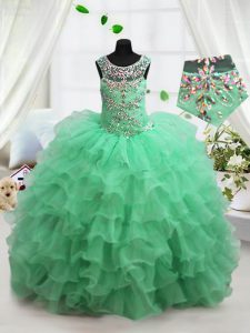Scoop Apple Green Sleeveless Floor Length Beading and Ruffled Layers Lace Up Little Girl Pageant Dress
