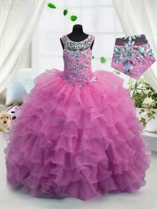 Glorious Scoop Sleeveless Floor Length Beading and Ruffled Layers Lace Up Little Girl Pageant Dress with Fuchsia