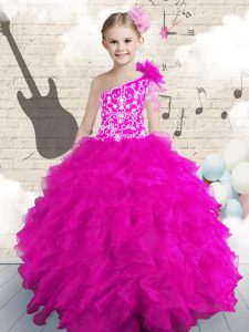 Hot Pink One Shoulder Neckline Embroidery and Ruffles and Hand Made Flower Kids Pageant Dress Sleeveless Lace Up