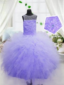 Scoop Purple Organza Zipper Little Girls Pageant Gowns Sleeveless Floor Length Beading and Ruffles