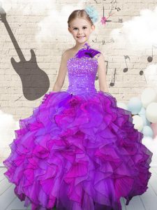 Latest One Shoulder Sleeveless Lace Up Child Pageant Dress Purple Organza