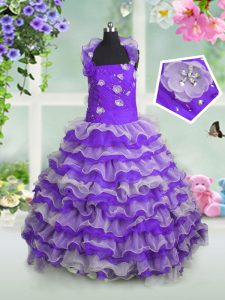 Floor Length Lace Up Pageant Gowns For Girls Lavender for Party and Wedding Party with Beading and Appliques and Ruffled Layers