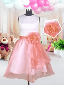 Exquisite Baby Pink Little Girls Pageant Gowns Military Ball and Sweet 16 and Quinceanera with Hand Made Flower Scoop Sleeveless Zipper