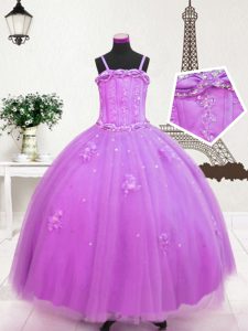 Lilac Ball Gowns Spaghetti Straps Sleeveless Tulle Floor Length Zipper Beading and Appliques Little Girls Pageant Gowns