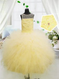 Scoop Sleeveless Floor Length Beading and Appliques Zipper Kids Formal Wear with Light Yellow