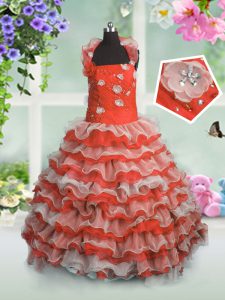 Floor Length Coral Red Little Girls Pageant Gowns Organza Sleeveless Beading and Appliques and Ruffled Layers