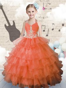 Latest Orange Lace Up Halter Top Beading and Ruffled Layers Little Girl Pageant Dress Organza Sleeveless