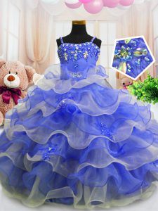 Sleeveless Floor Length Beading and Ruffled Layers Zipper Girls Pageant Dresses with Blue