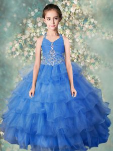 Discount Halter Top Sleeveless Floor Length Beading and Ruffled Layers Zipper Little Girls Pageant Gowns with Baby Blue
