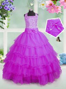 Pretty Rose Pink Ball Gowns Beading and Ruffled Layers Pageant Gowns For Girls Zipper Organza Sleeveless Floor Length