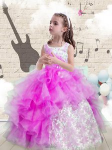 New Style Scoop Sleeveless Child Pageant Dress Floor Length Beading and Ruffled Layers Purple Organza