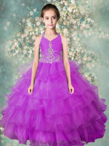 Dramatic Halter Top Organza Sleeveless Floor Length Little Girl Pageant Gowns and Beading and Ruffled Layers