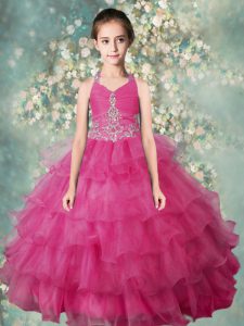 Most Popular Halter Top Floor Length Rose Pink Girls Pageant Dresses Organza Sleeveless Beading and Ruffled Layers