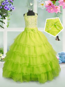 Sleeveless Floor Length Beading and Ruffled Layers Zipper Girls Pageant Dresses with Apple Green