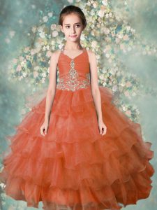 Organza Halter Top Sleeveless Zipper Beading and Ruffled Layers Girls Pageant Dresses in Orange