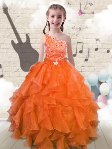 Orange Red Organza Lace Up One Shoulder Sleeveless Floor Length Child Pageant Dress Beading and Ruffles
