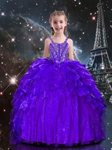 Excellent Dark Purple Ball Gowns Organza Spaghetti Straps Sleeveless Beading and Ruffles Floor Length Lace Up Little Girls Pageant Dress