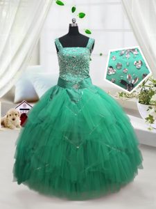 Floor Length Ball Gowns Sleeveless Turquoise Little Girls Pageant Gowns Lace Up