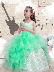 Dramatic Scoop Floor Length Lace Up Little Girl Pageant Gowns Apple Green for Party and Wedding Party with Beading and Ruffles