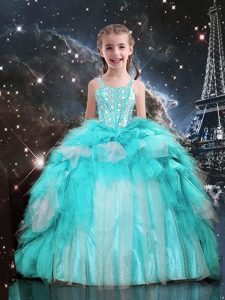Adorable Aqua Blue Spaghetti Straps Neckline Beading and Ruffles Pageant Gowns For Girls Sleeveless Lace Up