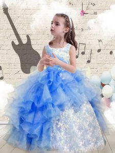 Trendy Scoop Baby Blue Ball Gowns Beading and Ruffles Child Pageant Dress Lace Up Organza Sleeveless Floor Length