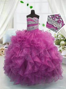 New Arrival Sleeveless Floor Length Beading and Ruffles Lace Up Pageant Gowns For Girls with Fuchsia