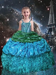 Superior Aqua Blue Ball Gowns Spaghetti Straps Sleeveless Organza Floor Length Lace Up Beading and Ruffles and Pick Ups Kids Pageant Dress